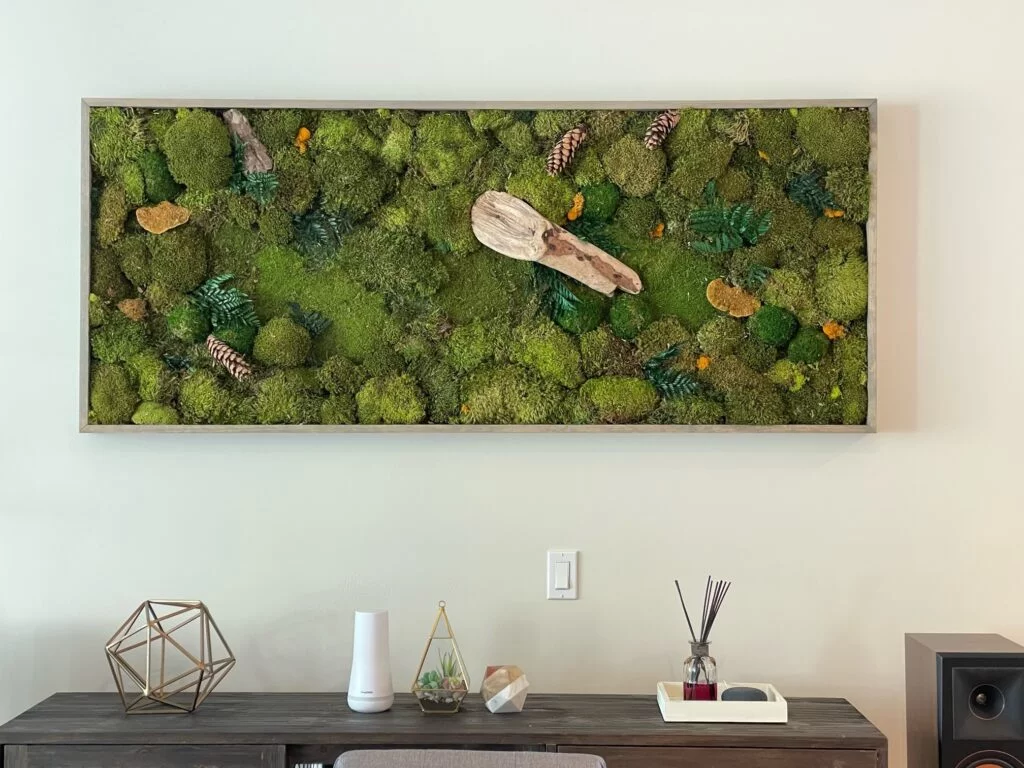 Custom-built framed moss art piece hanging in conference room